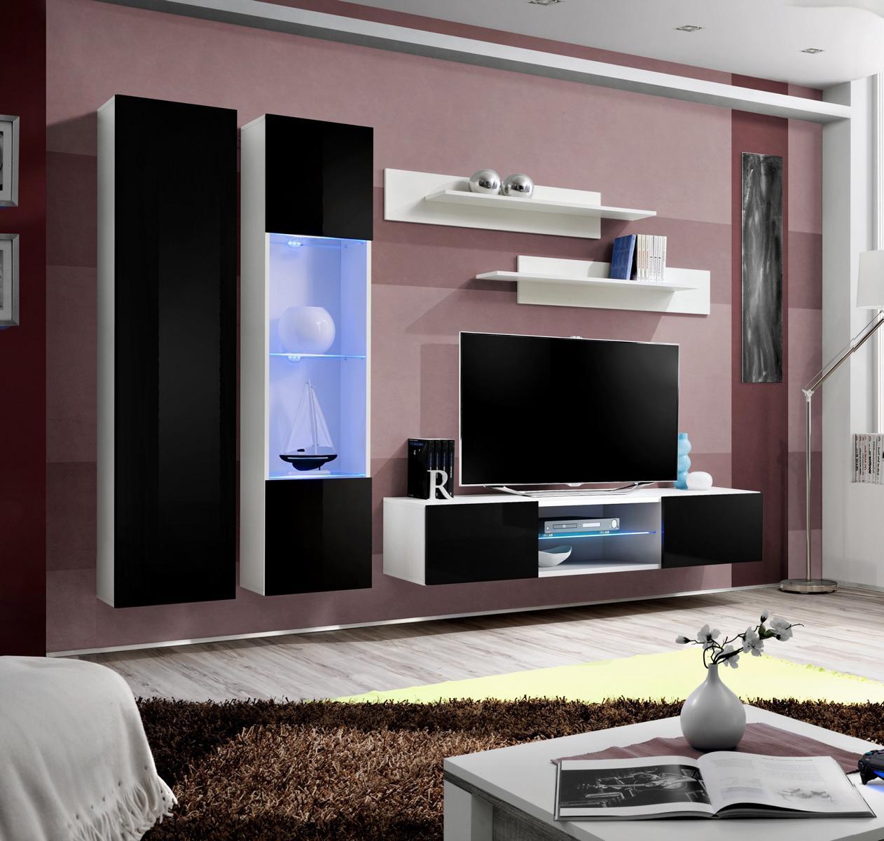 Designer Komplett Wohnwand Hänge Vitrine TV-Ständer Luxus Wand Regale Hochglanz