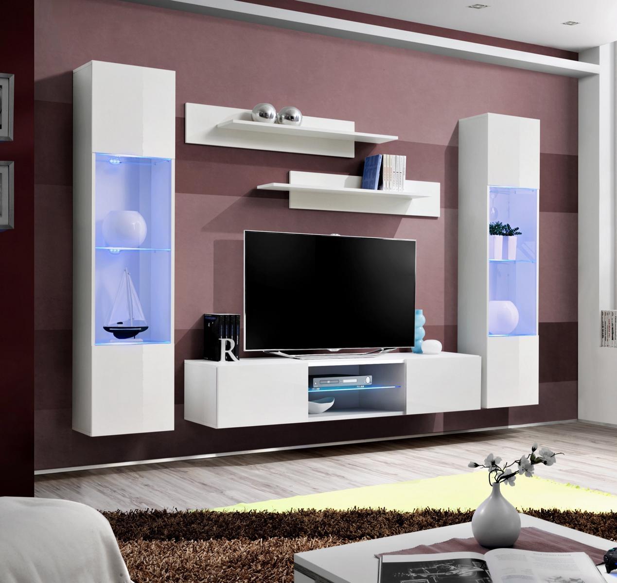 Weiß Wohnwand Wand Regale Hänge Vitrine Komplett Wohnzimmer Designer