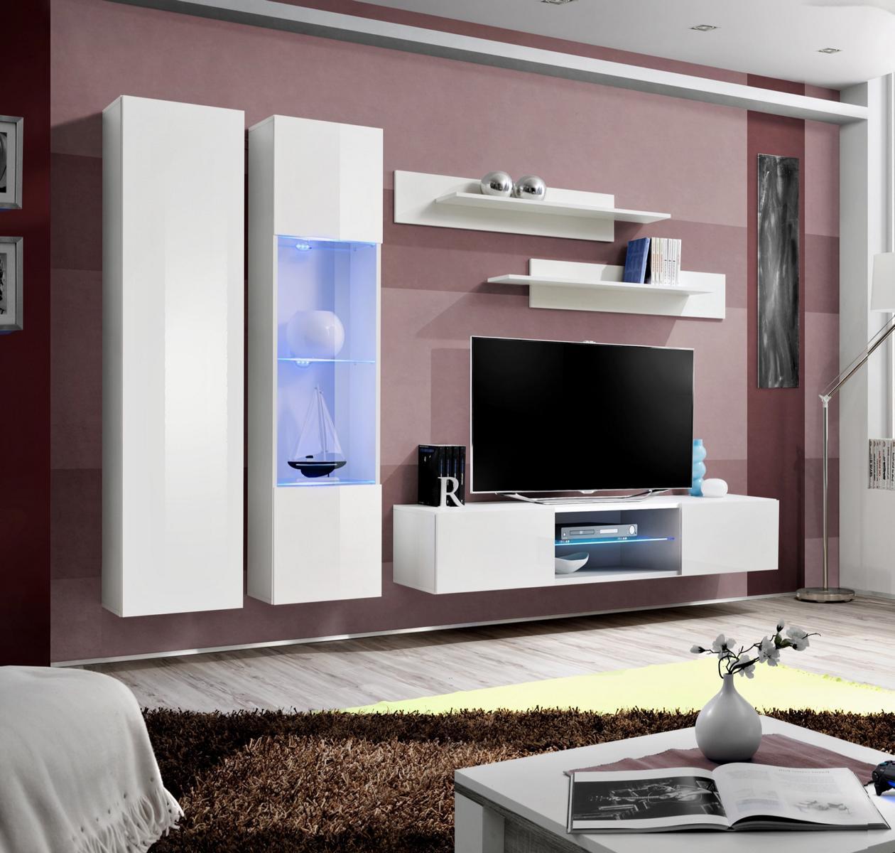 Komplett Set 5tlg Luxus Weiß Wohnwand Hänge Vitrine Schrank TV-Ständer Neu