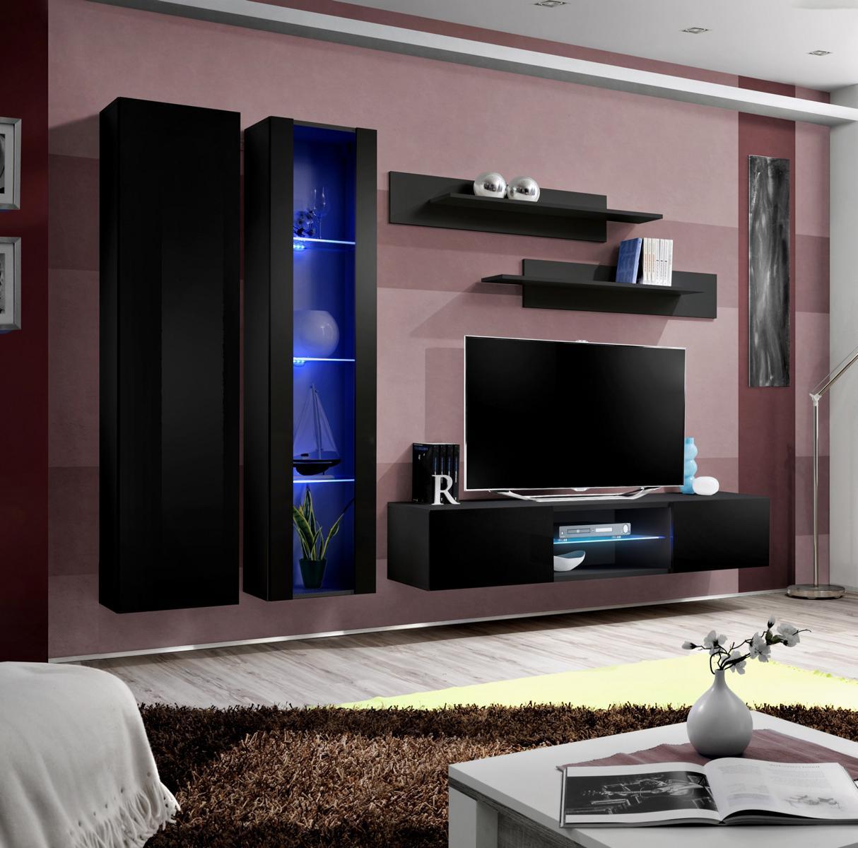 Wohnzimmer Komplett Schwarz Wohnwand Wandschrank Hänge Vitrine Neu