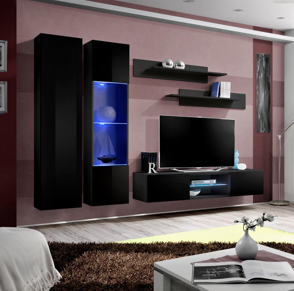 Schwarz Komplett Wohnwand Wohnzimmer Hänge Vitrine Wandschrank Neu