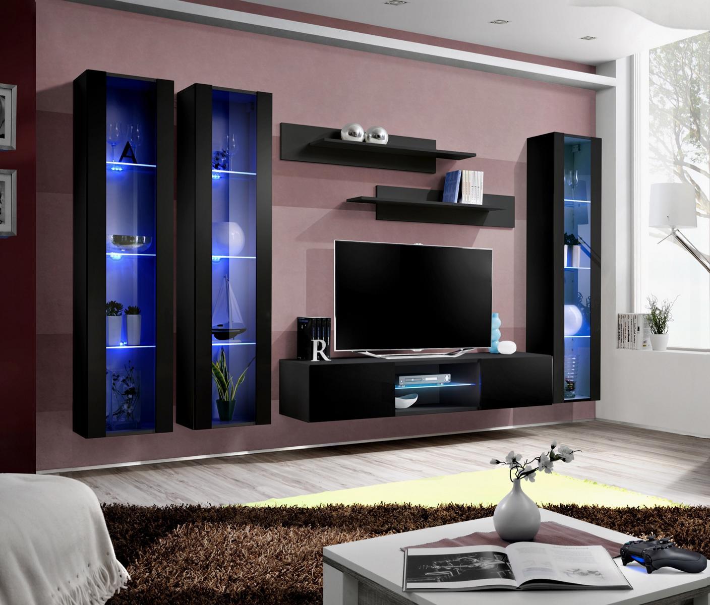 Luxus Schwarz Wohnwand Hänge Vitrine Designer Wohnzimmer Holz Möbel Einrichtung