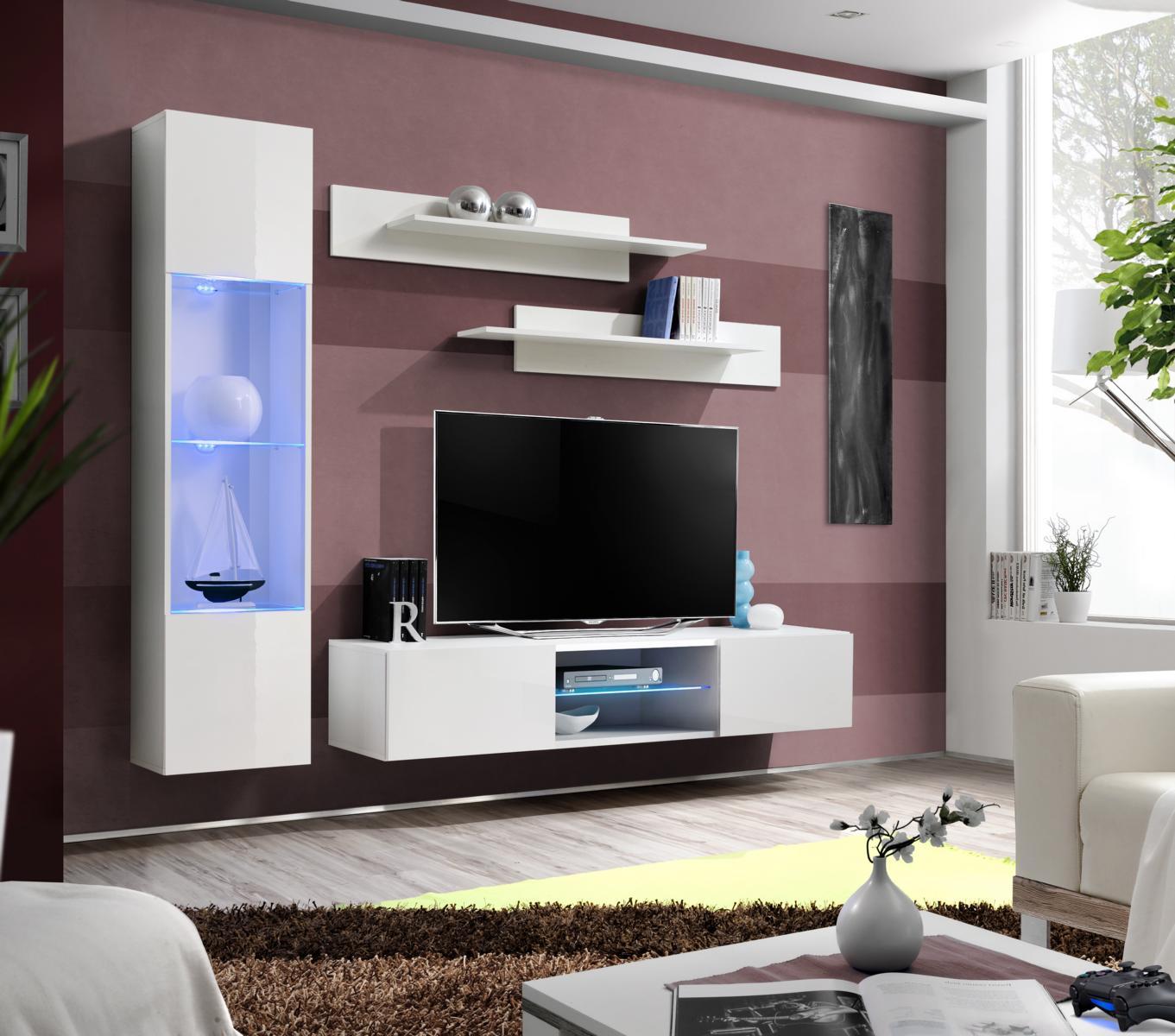Designer Wohnzimmer Weiß Einrichtung Luxus Wohnwand Komplett Set Hänge Vitrine
