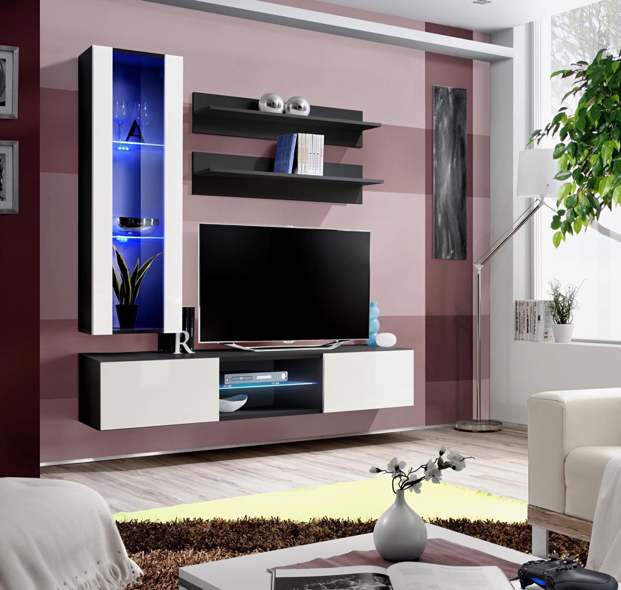 Komplette Wohnwand Hänge Vitrine Wohnzimmermöbel Designer Garnitur Wandregale