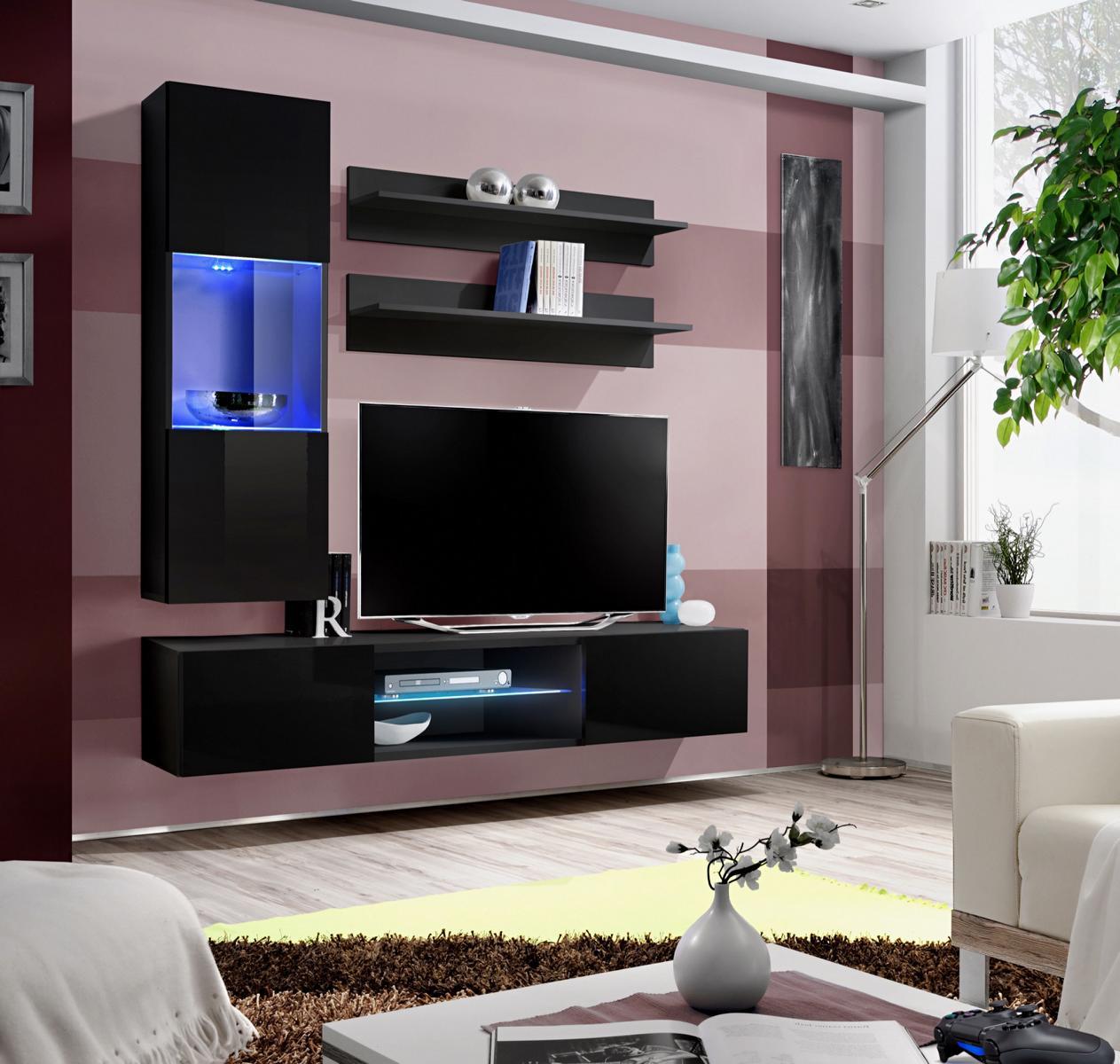 Luxus Hänge Vitrine Wohnwand Set Wohnzimmermöbel Hochglanz Schwarz Einrichtung