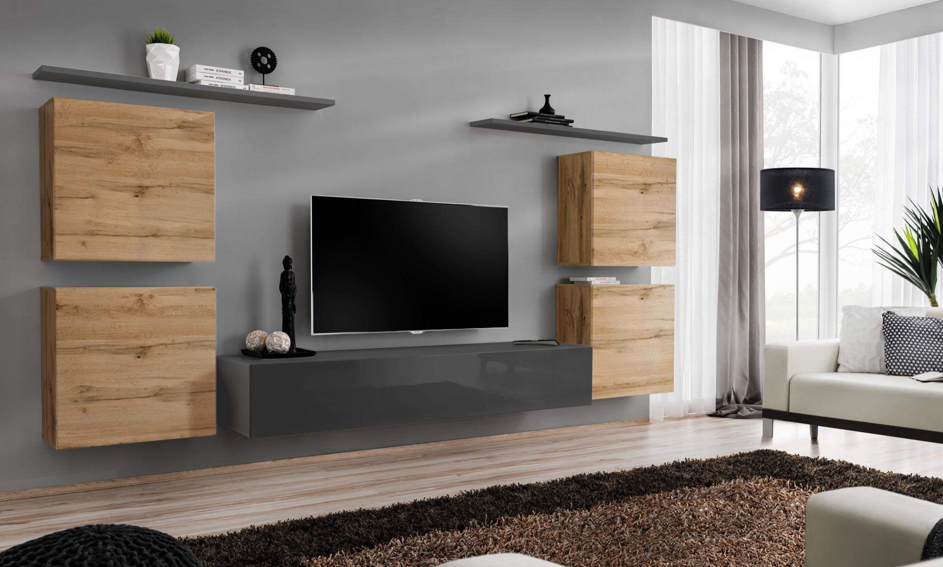 Holzmöbel Wohnwand Wohnzimmer Grau Wandregal Luxus Einrichtung Neu