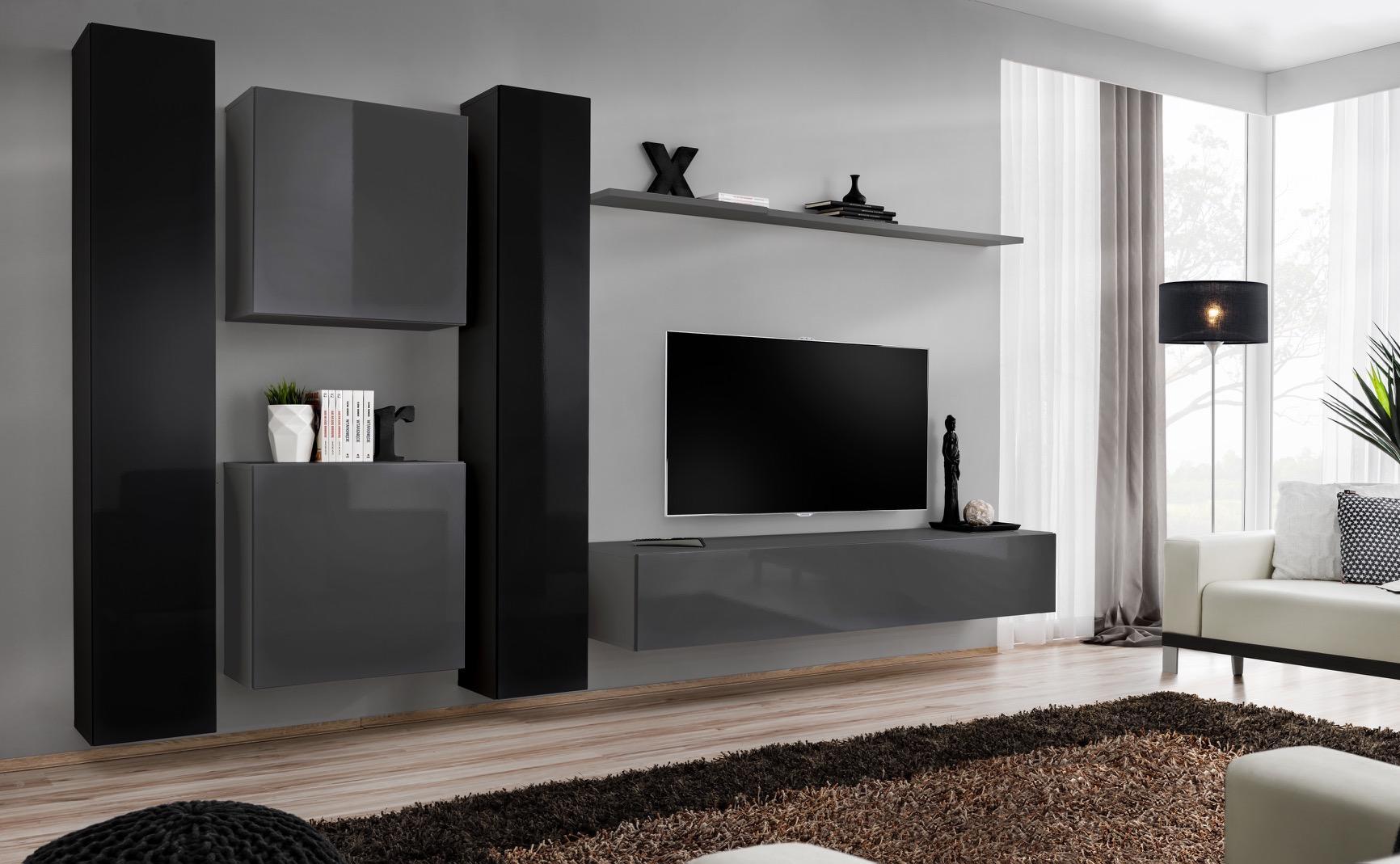 Designer Wohnwand Grau Wohnzimmermöbel 4x Wandschrank Wand Regal Komplett