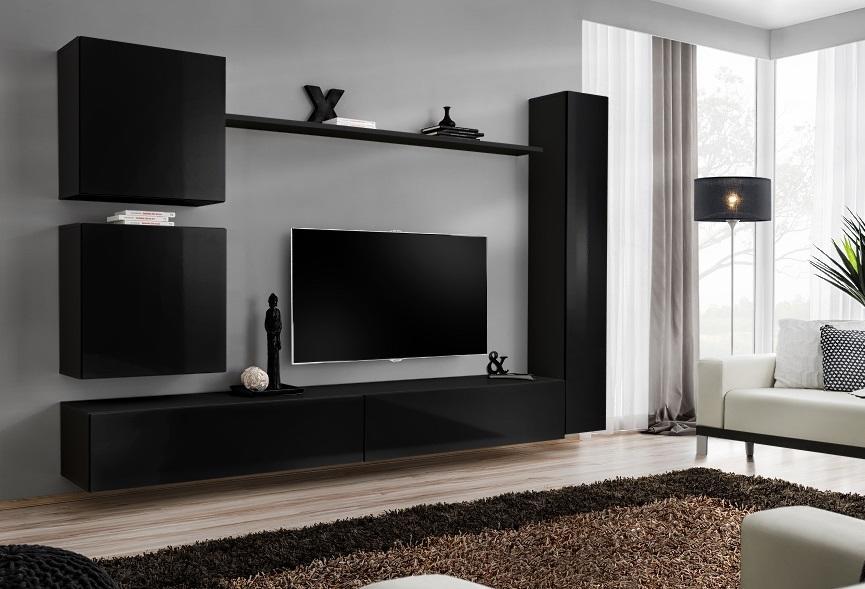 Luxus Schwarz Wohnwand Designer Wandschrank Set 6 tlg Holzmöbel Wohnzimmermöbel