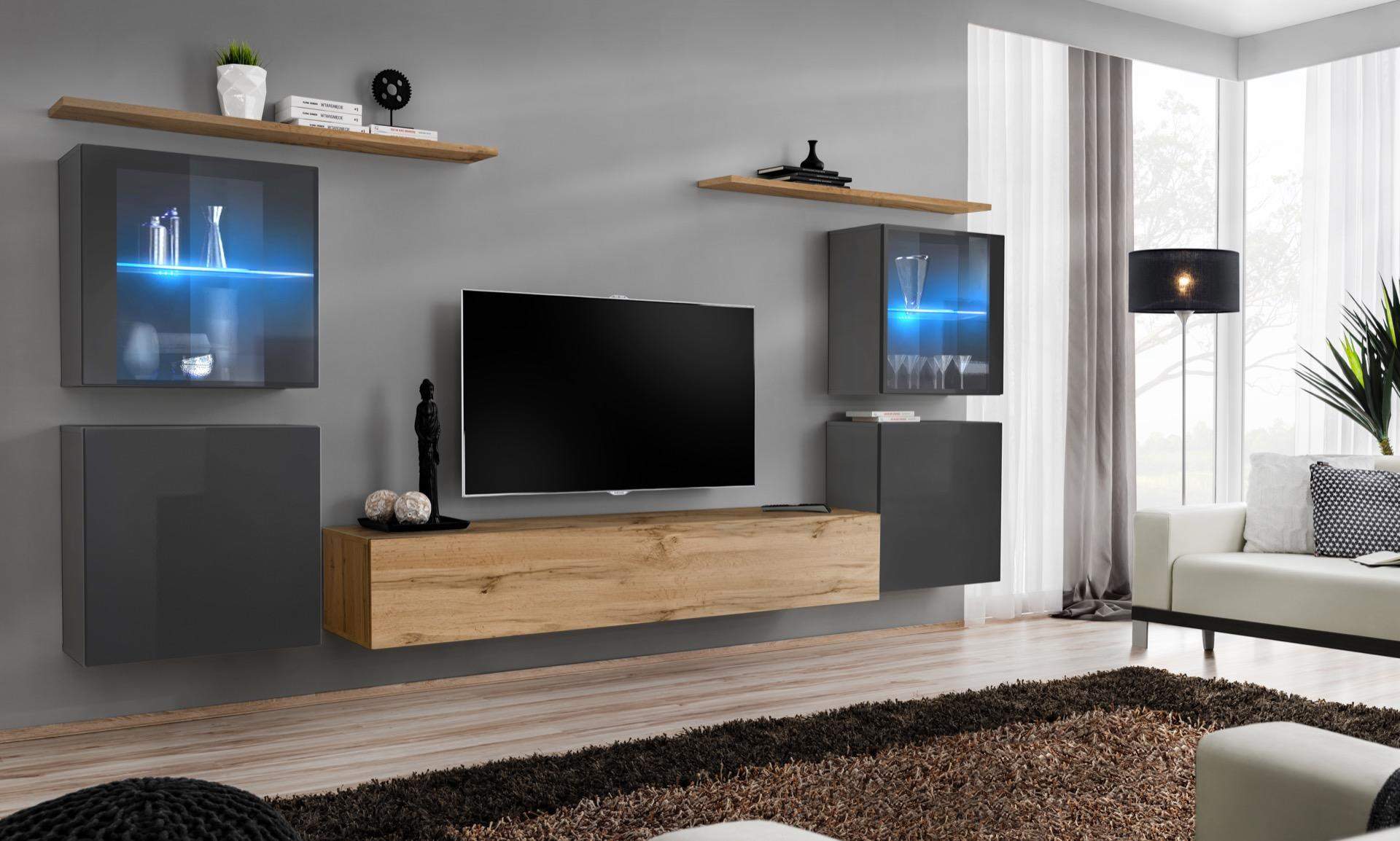 Designer Braun Wohnwand Wand Regale Schrank Wohnzimmer Holz Möbel Stil Modern