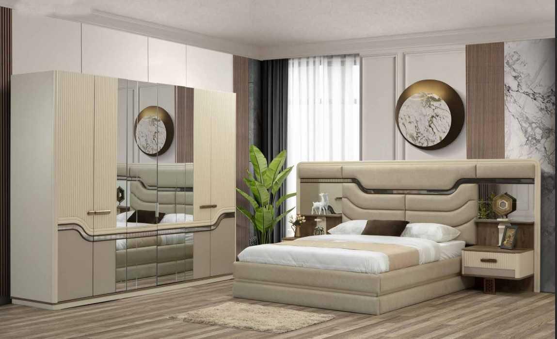 Moderne Möbel Schlafzimmer luxuriös set 4tlg Beige Nachttisch Schrank Bett