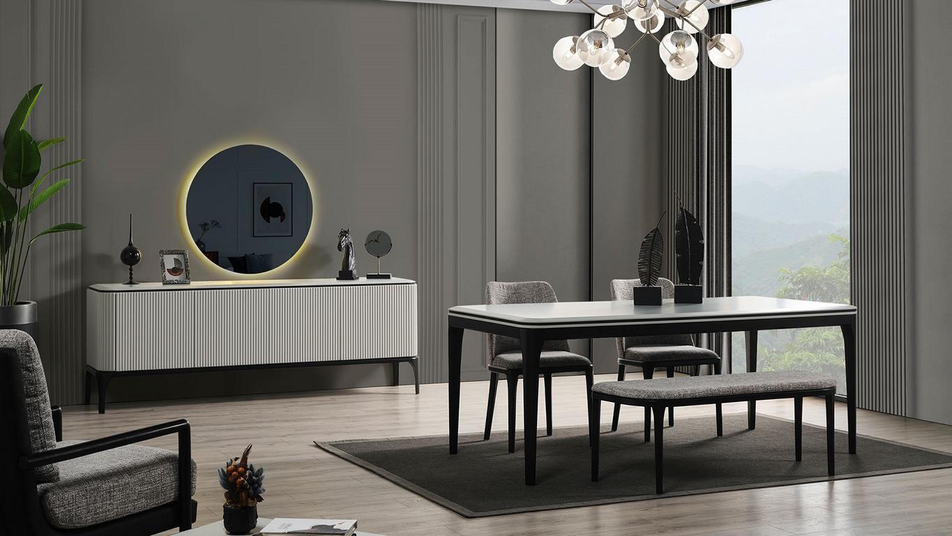 Esszimmer Set 8tlg.Esstisch 4x Stühle Spiegel Anrichte Bank Helles Farbe