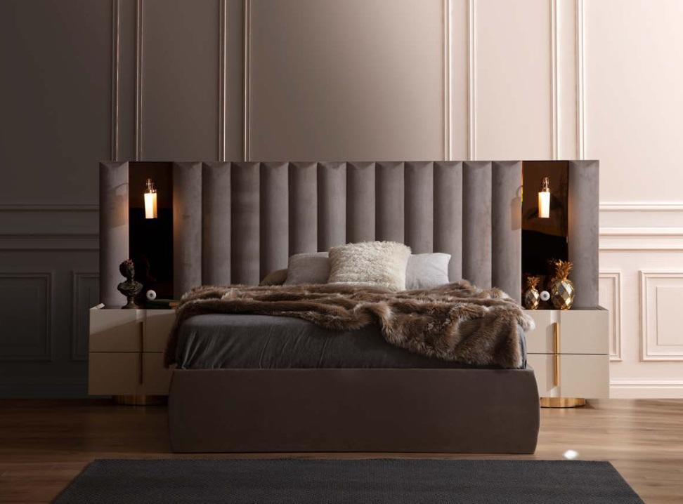 Braunes Schlafzimmer Set Designer Doppelbett Weiße 2x Nachttische 3tlg