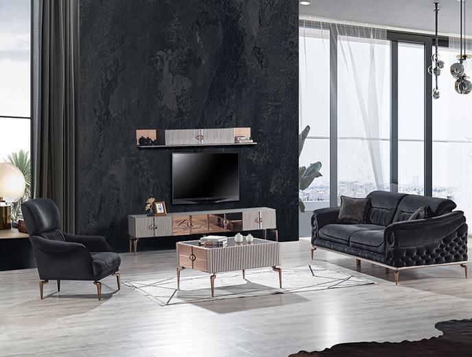 Schwarzes Wohnzimmer Set Exklusives Sofa Polster Sessel RTV-Lowboard