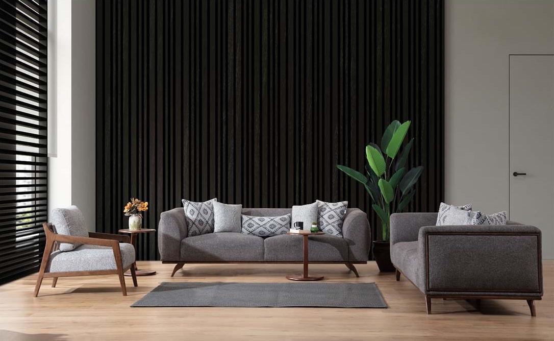 Graue Couchgarnitur Moderne 2x Dreisitzer Polster Sessel Beistelltisch