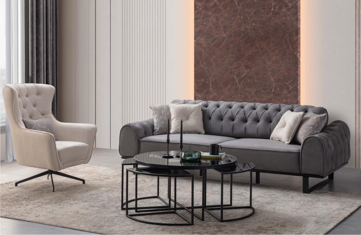 Grauer Chesterfield Dreisitzer Luxuriöser Polster Weißer Sessel 2tlg Set