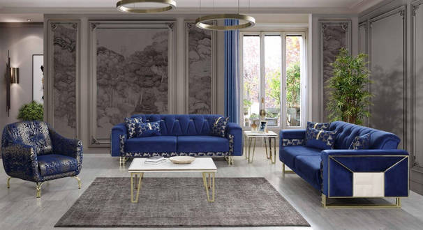 Luxus Blaue Sofagarnitur Designer Dreisitzer Couchtisch Beistelltisch