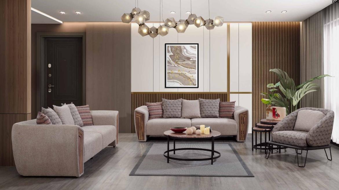 Beige Wohnzimmer Polster Sofagarnitur Dreisitzer Sessel Textil Möbel