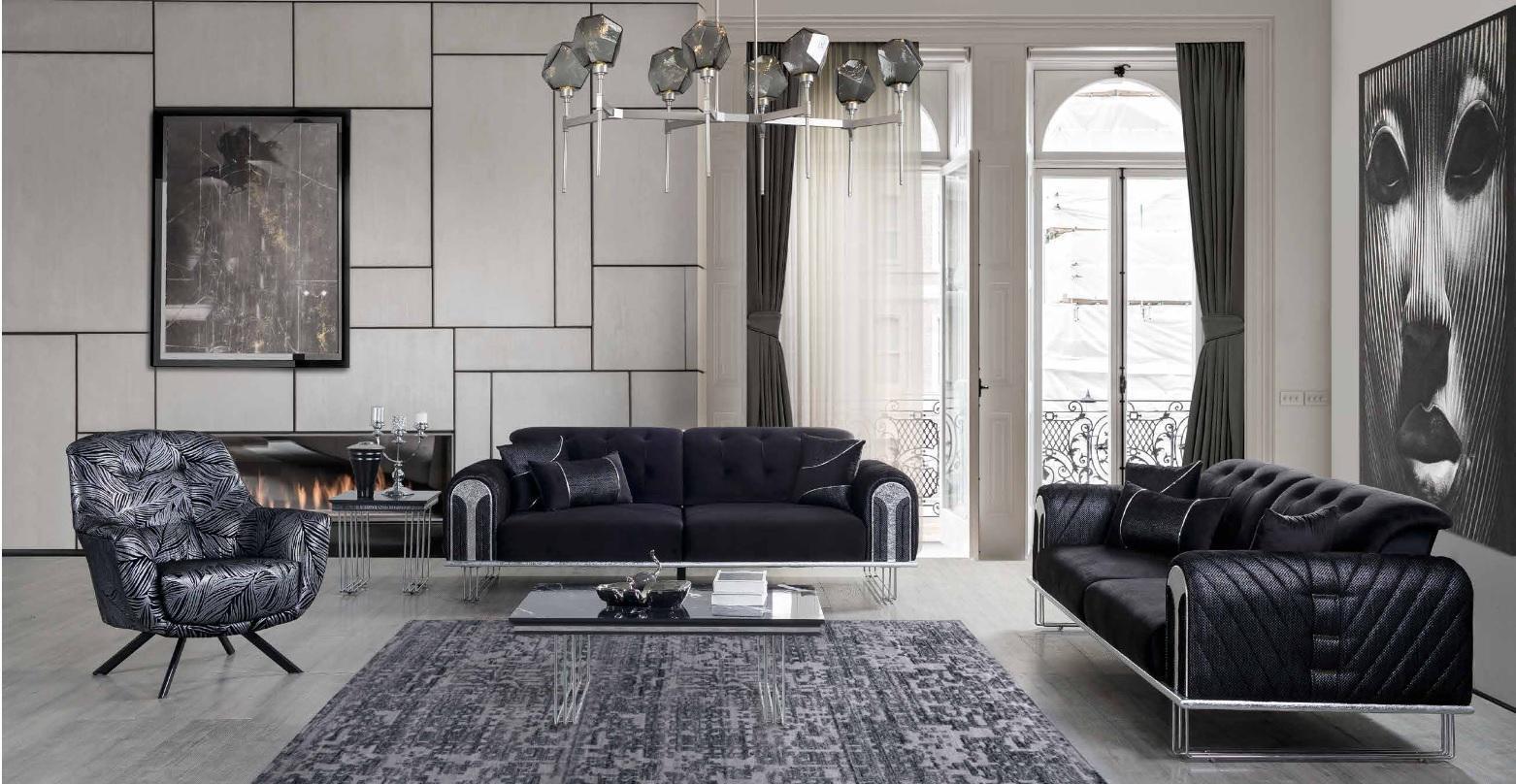 Schwarze Wohnzimmer Sofagarnitur 2x Dreisitzer Designer Polster Sessel
