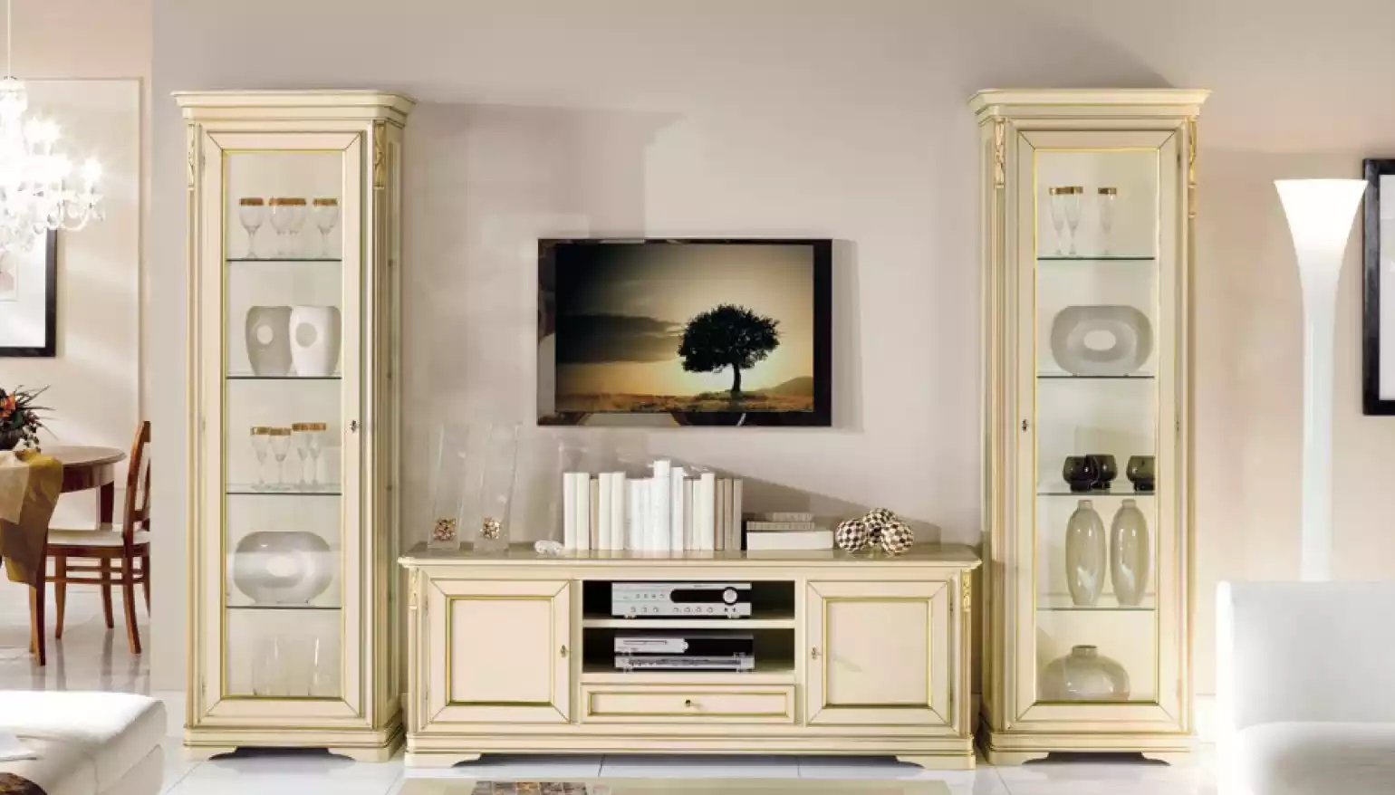 Italienische Wohnzimmer Wohnwand 2x Vitrine Schrank Designer Set 3tlg