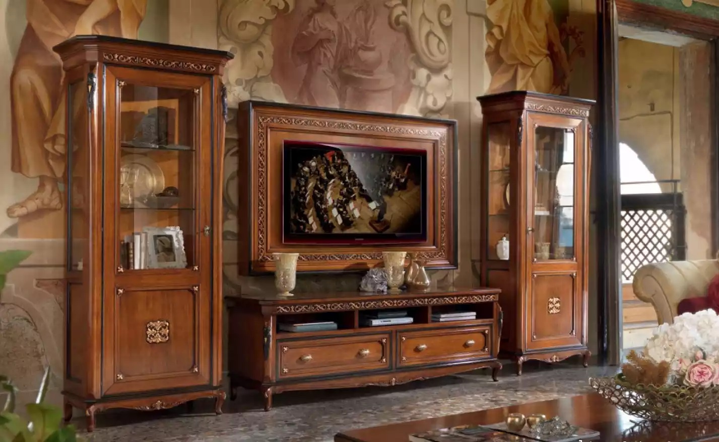 RTV Lowboard Klassische Wohnwand TV-Rahmen Braun Wohnzimmer Set 4tlg