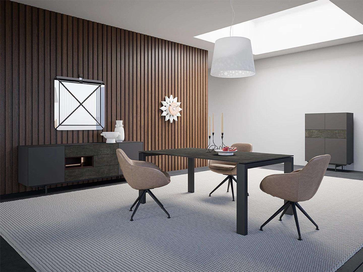 Designer Ess Zimmer Esstisch Set Stühle Metall Textill Essgruppe Schrank