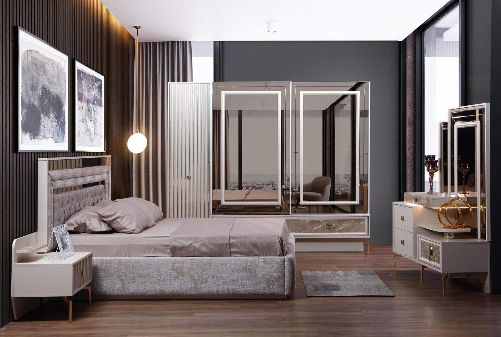 Modernes Komplettes Schlafzimmer Set Designer Bett 2x Nachttische 5tlg