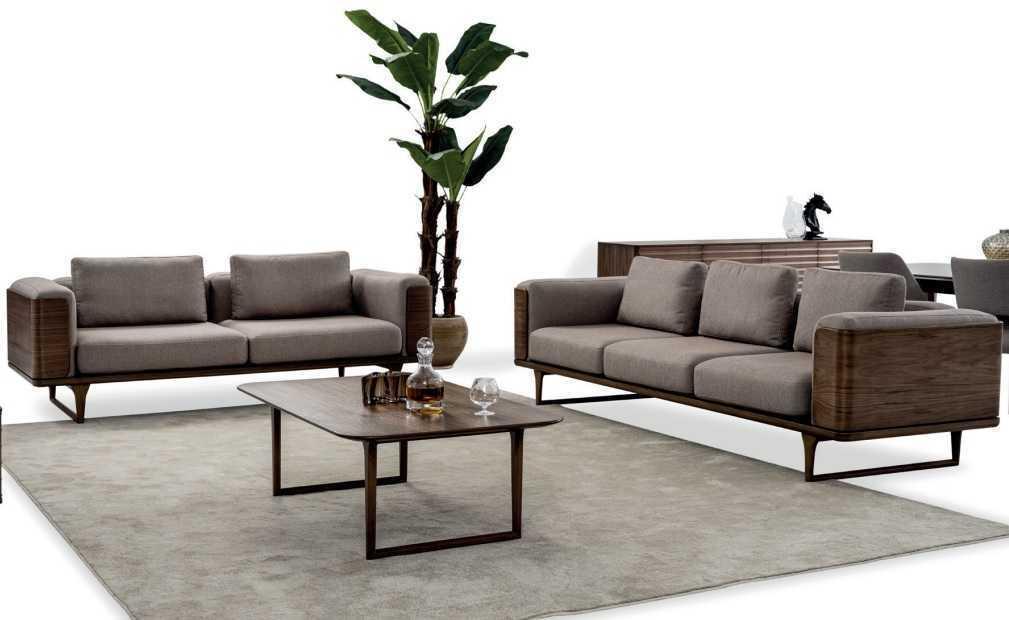 Designen Wohnzimmer Set 2x Sofas mit Couchtisch Luxus Holz mit Textil