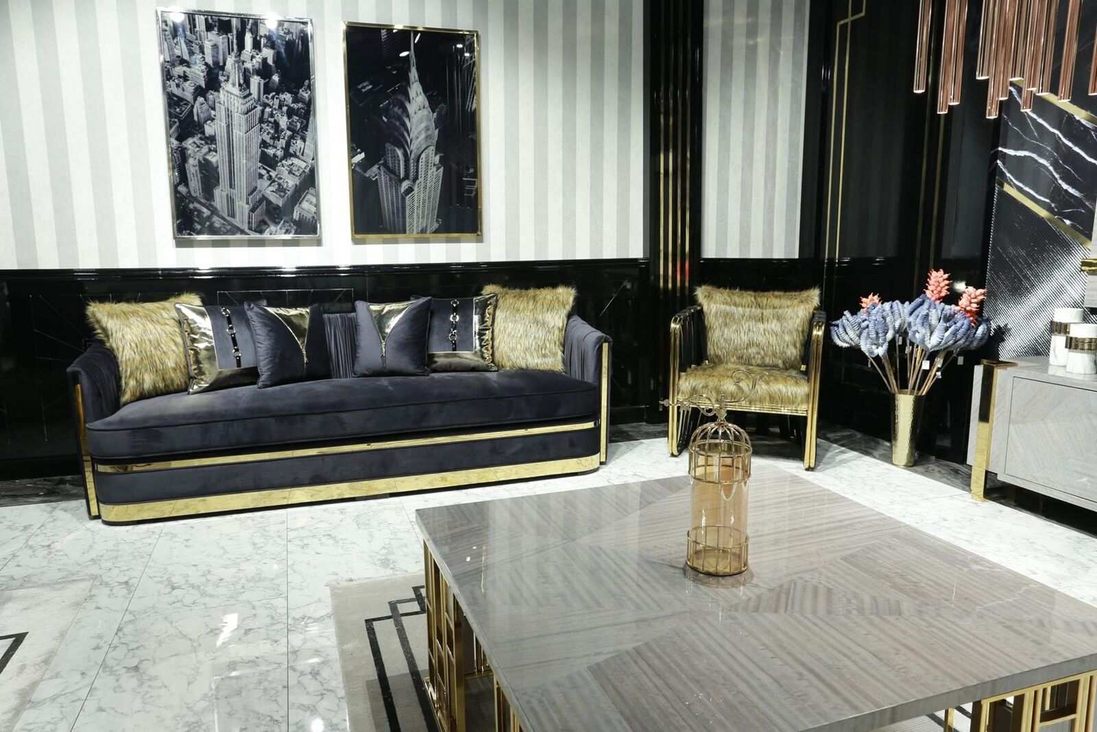 Luxus Einrichtung Wohnzimmer Möbel Sofa Set 3+1 Sitz Sofagarnitur Schwarz