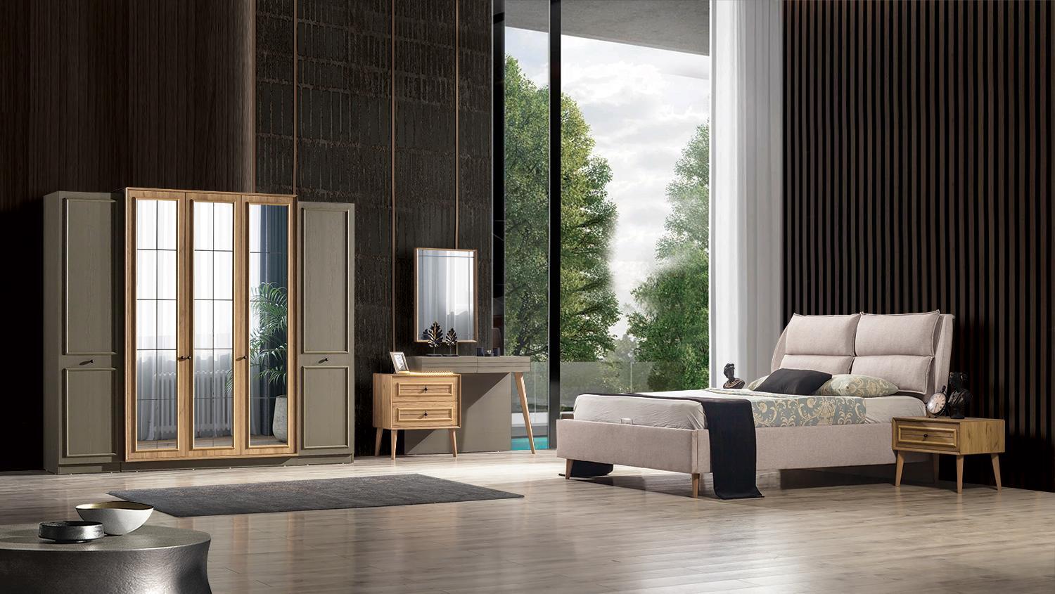 7tlg.Schlafzimmer set Bett + 2x Nachttischе+Kleiderschrank+Schminktisch+Spiegel