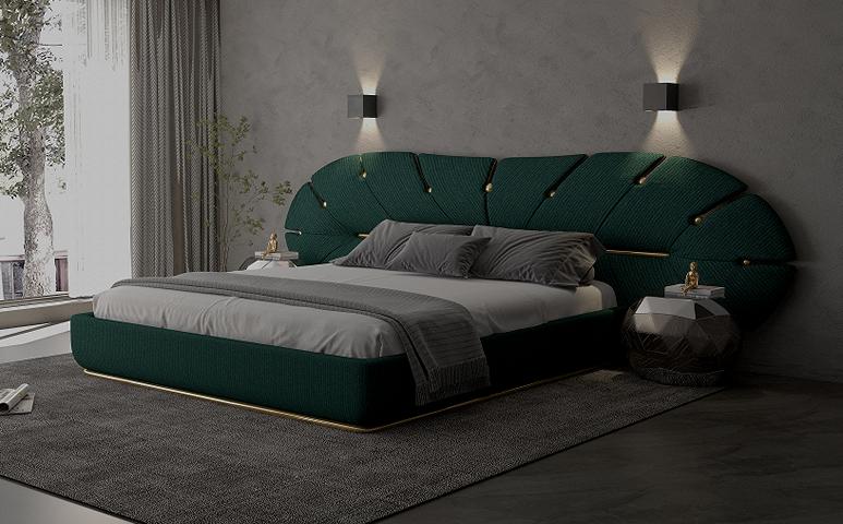 Luxus Bett Grün Gold Akzent Polster Fächer Design Modernes Schlafzimmer