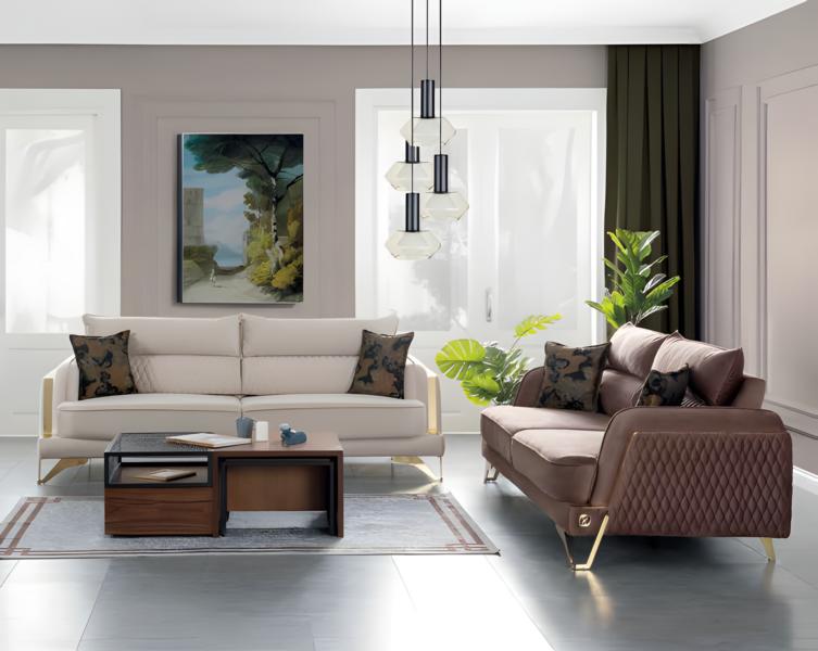 Sofagarnitur 3+3 Sitzer Creme Braun Stoffbezug Goldfüße Modern Luxus Design