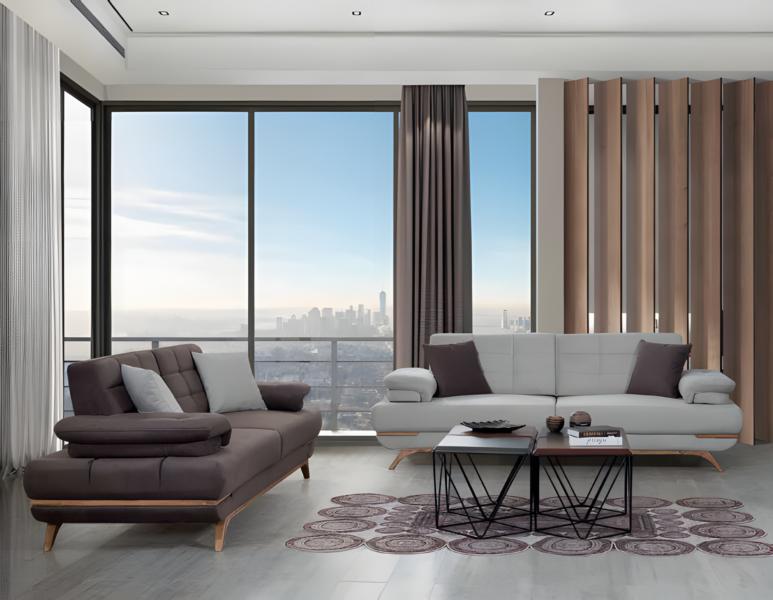 Elegantes Sofa Set 3+3 Grau Weiß Polster Couch Wohnzimmer Modern Holzfüße