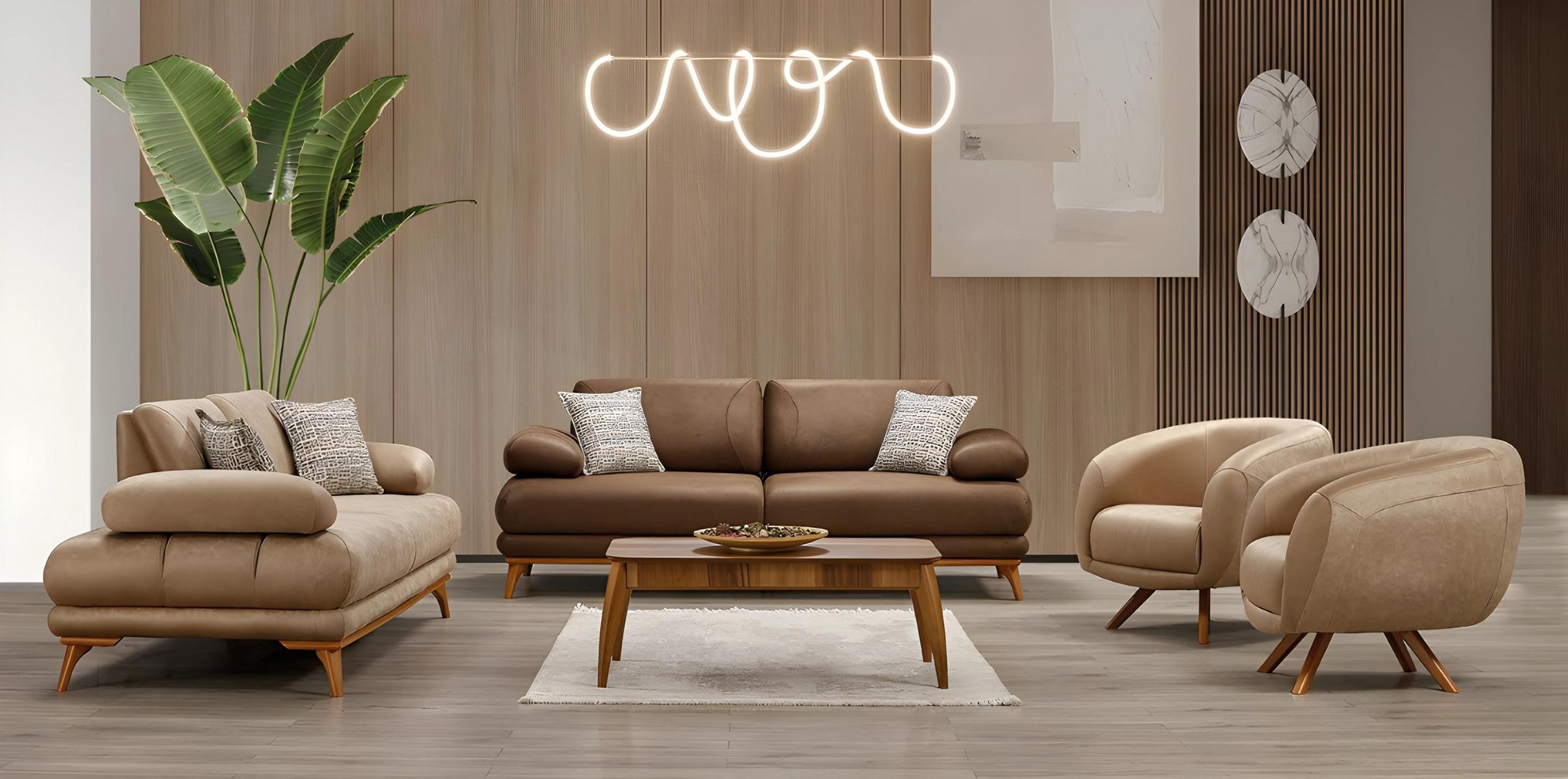 Elegantes braunes Wohnzimmer Set aus Kunstleder mit modernen Sofas