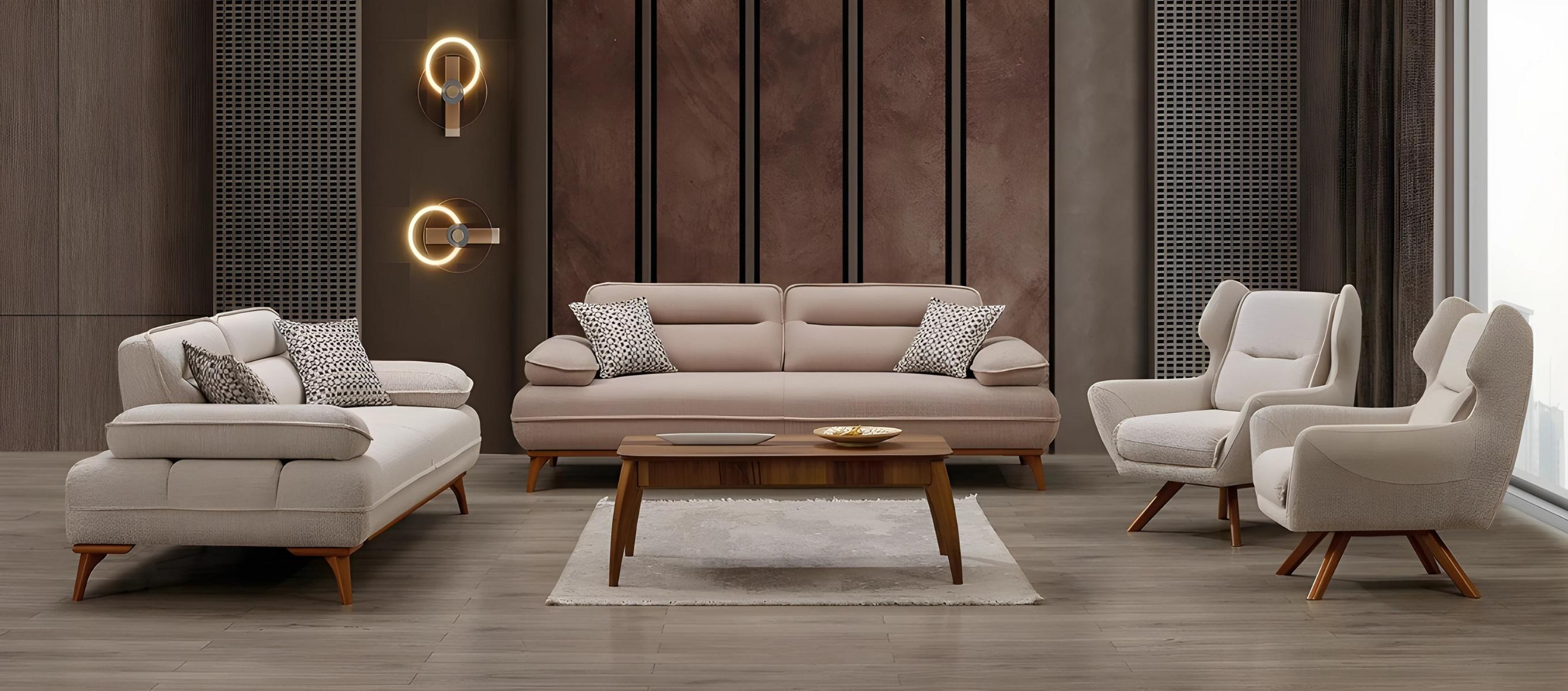 Moderne beige Stoff-Sofagarnitur aus Holz mit stilvollem Design