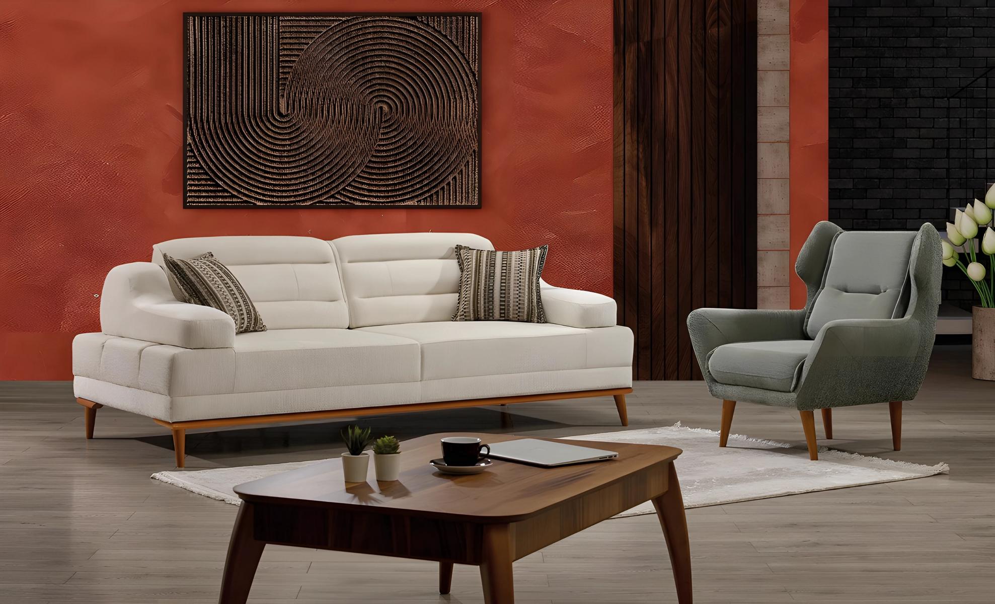 Moderne weiße Stoffsofa- und Sessel-Garnitur aus Holz