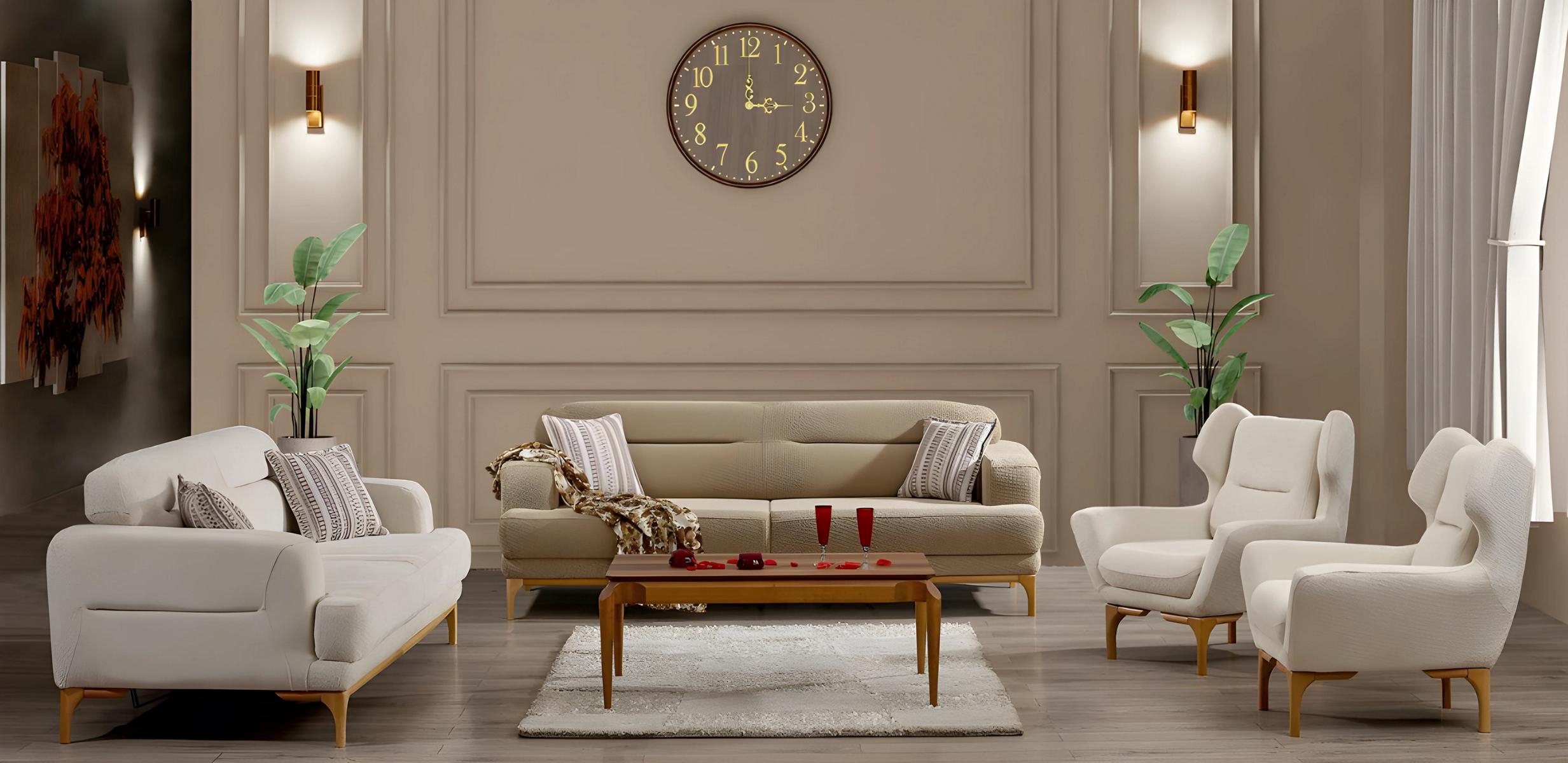 Elegantes weißes Stoff-Sofa-Set mit Holzrahmen für modernes Wohnzimmer