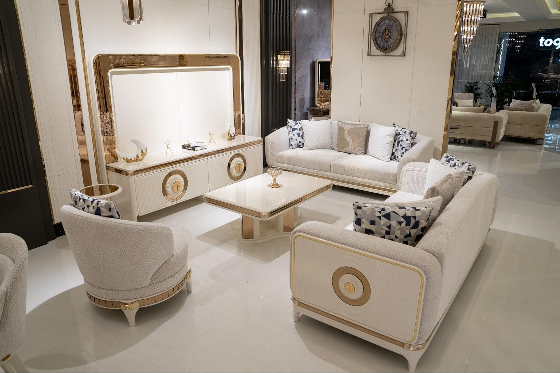 Elegantes Stoff-Sofa-Set in Beige mit Holzdesign für modernes