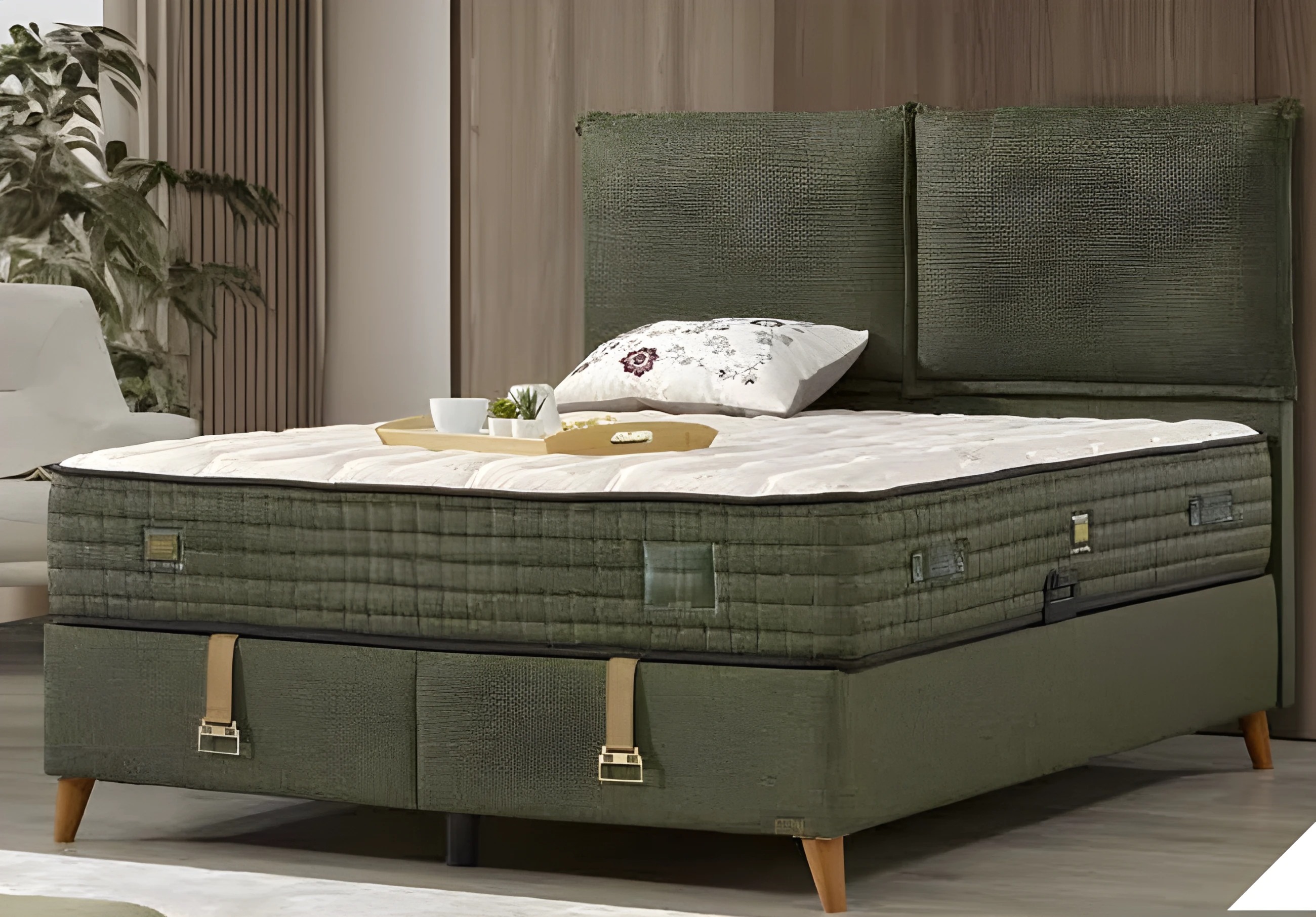 Grünes Holz-Textil Bett mit Matratze modern und stilvoll