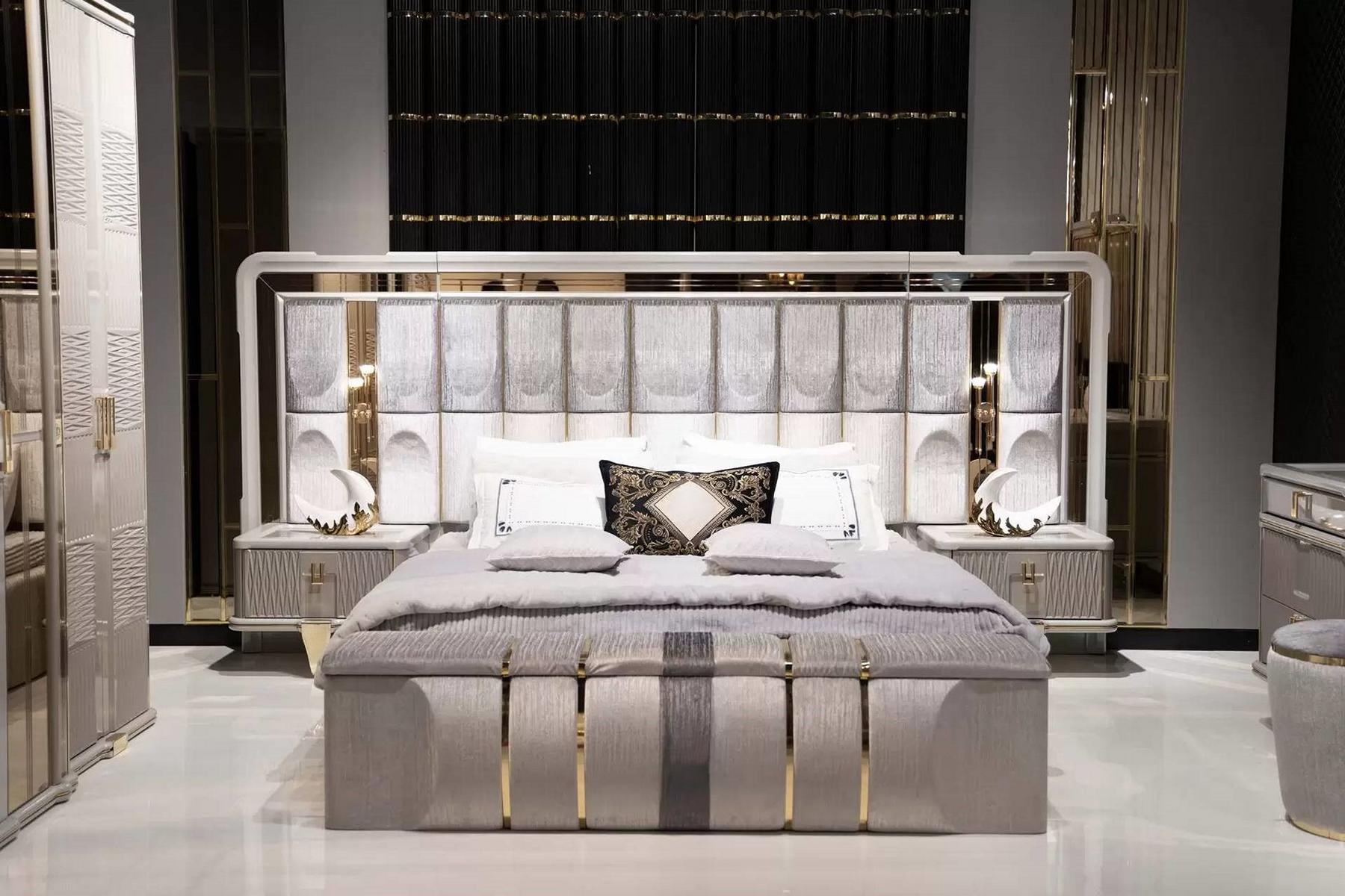 Schlafzimmer-Set Grau aus Holz mit Bett, Nachttischen und Bank