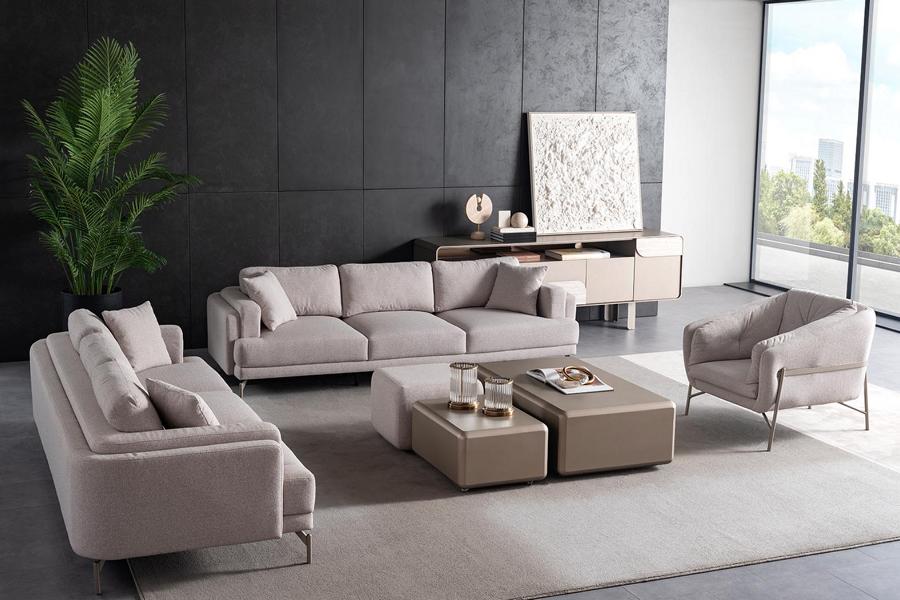 Wohnzimmer Möbelset aus Textil in Beige mit modernen Sofas, Sessel