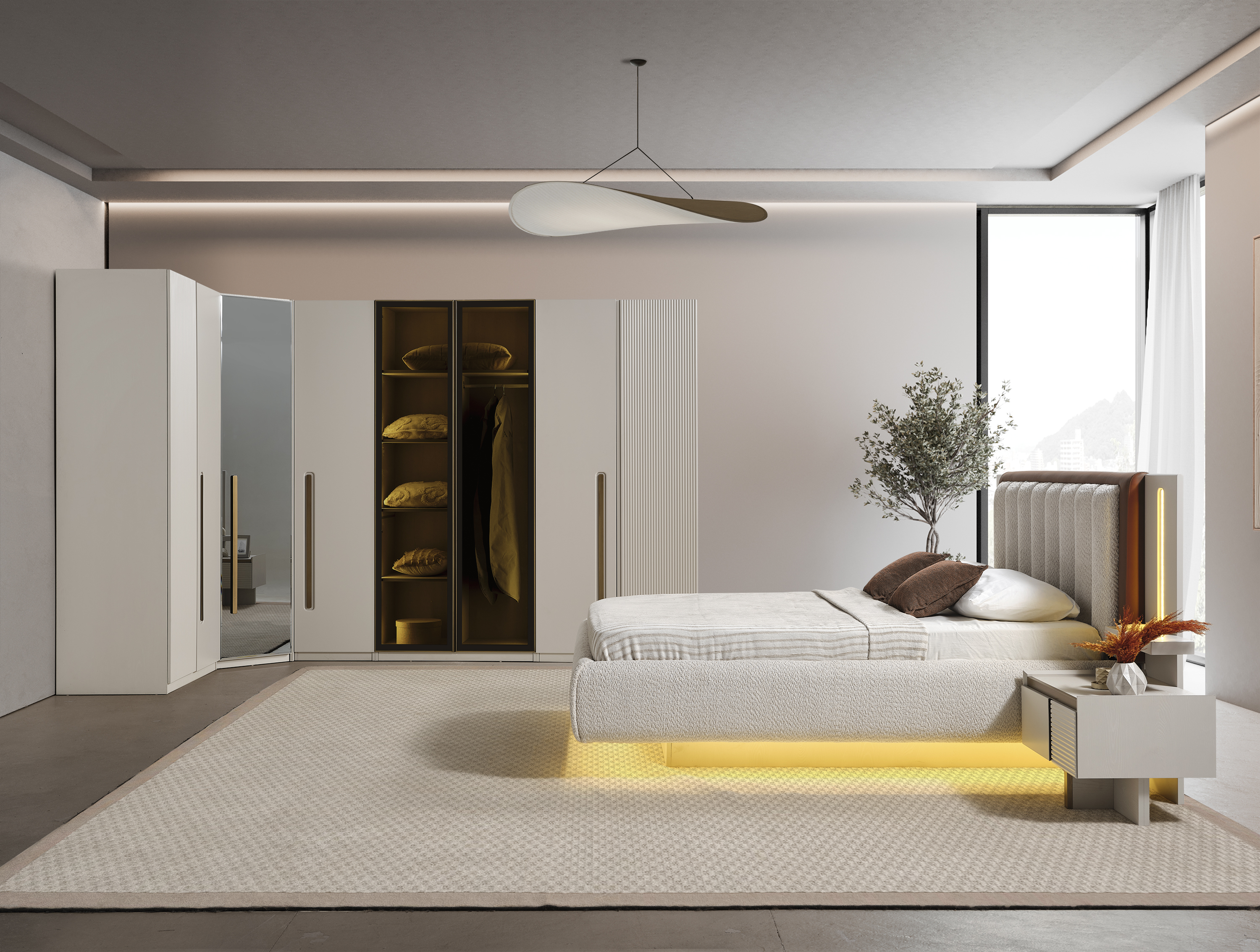 Elegantes Schlafzimmer-Set aus Holz in Beigetönen mit stilvollem