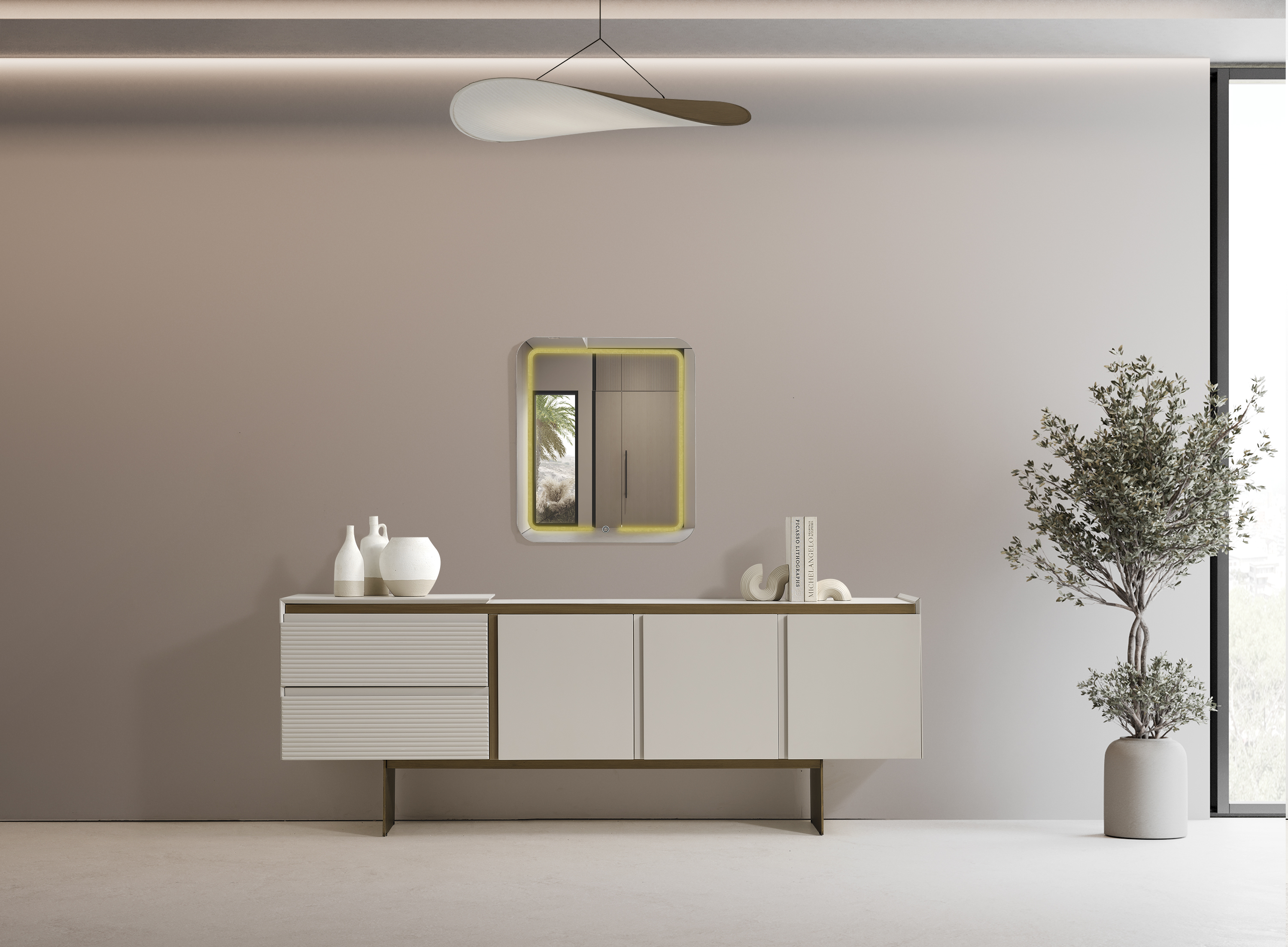 Konsole mit Spiegel aus Holz in Beigeton, eleganter Stil