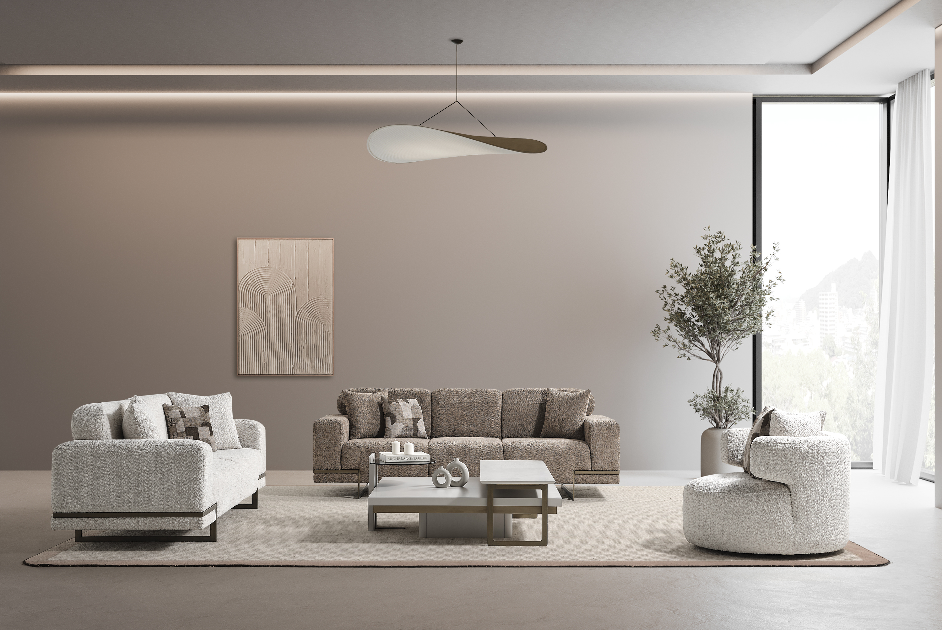 Moderner Wohnzimmer-Set Stoffbeige mit 2 Sofas und Sessel