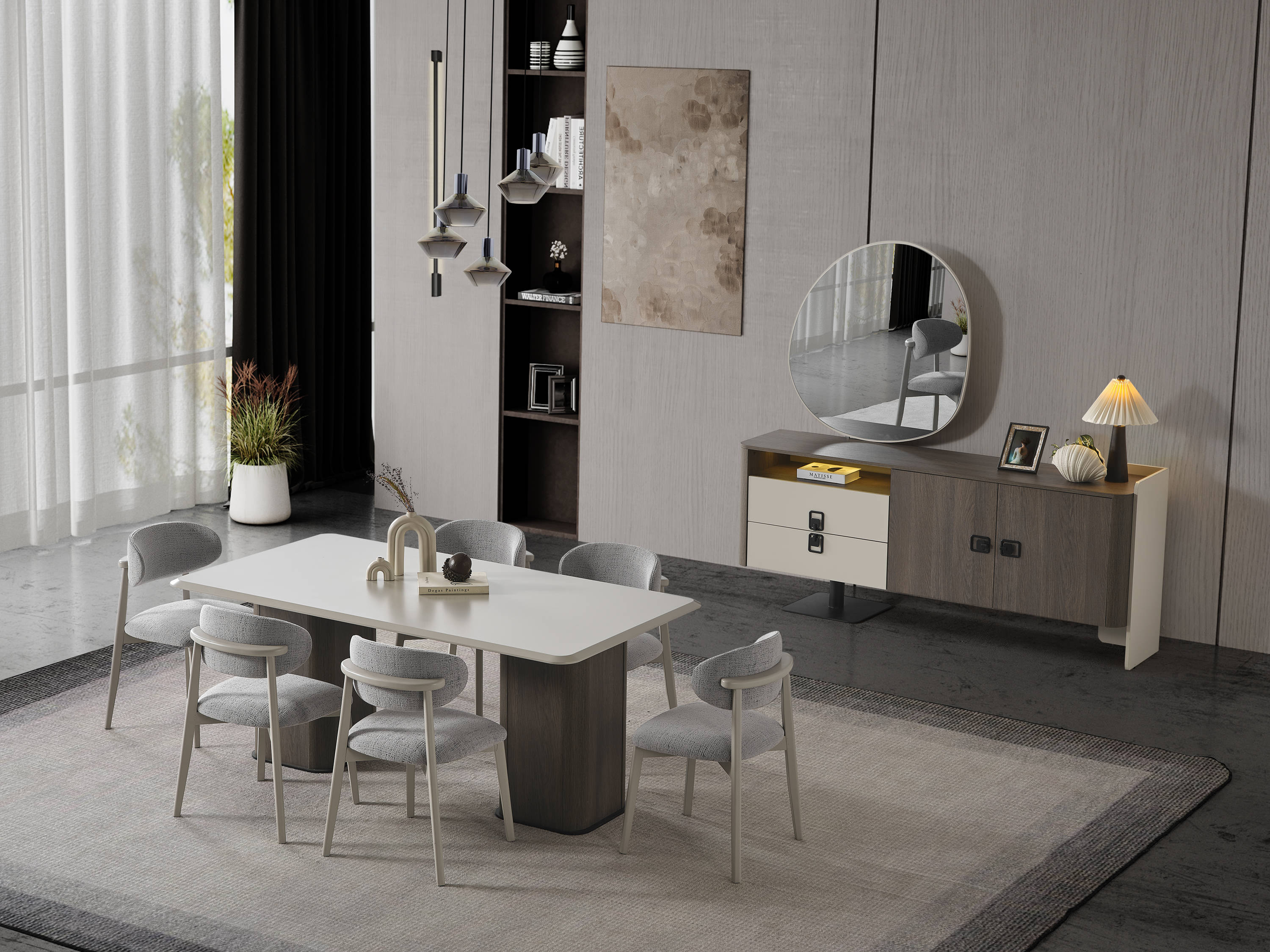 Elegantes Esszimmer-Set aus Holz und Textil in Beige