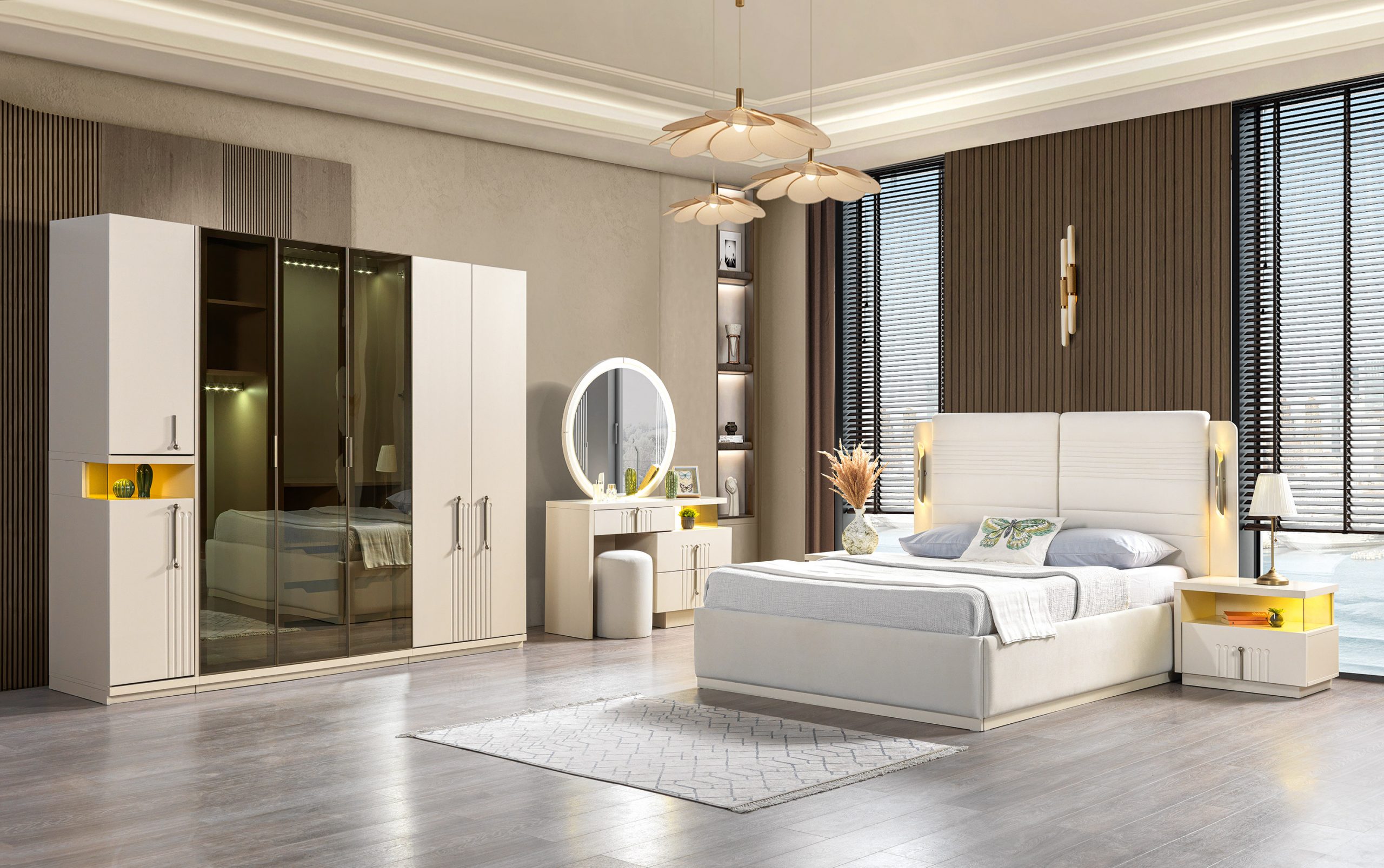 Komplettes Schlafzimmer Set modern Bett Kleiderschrank Nachttische