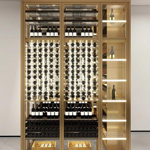 Eleganter Weinschrank aus Edelstahl in Gold mit Doppeltemperaturzone