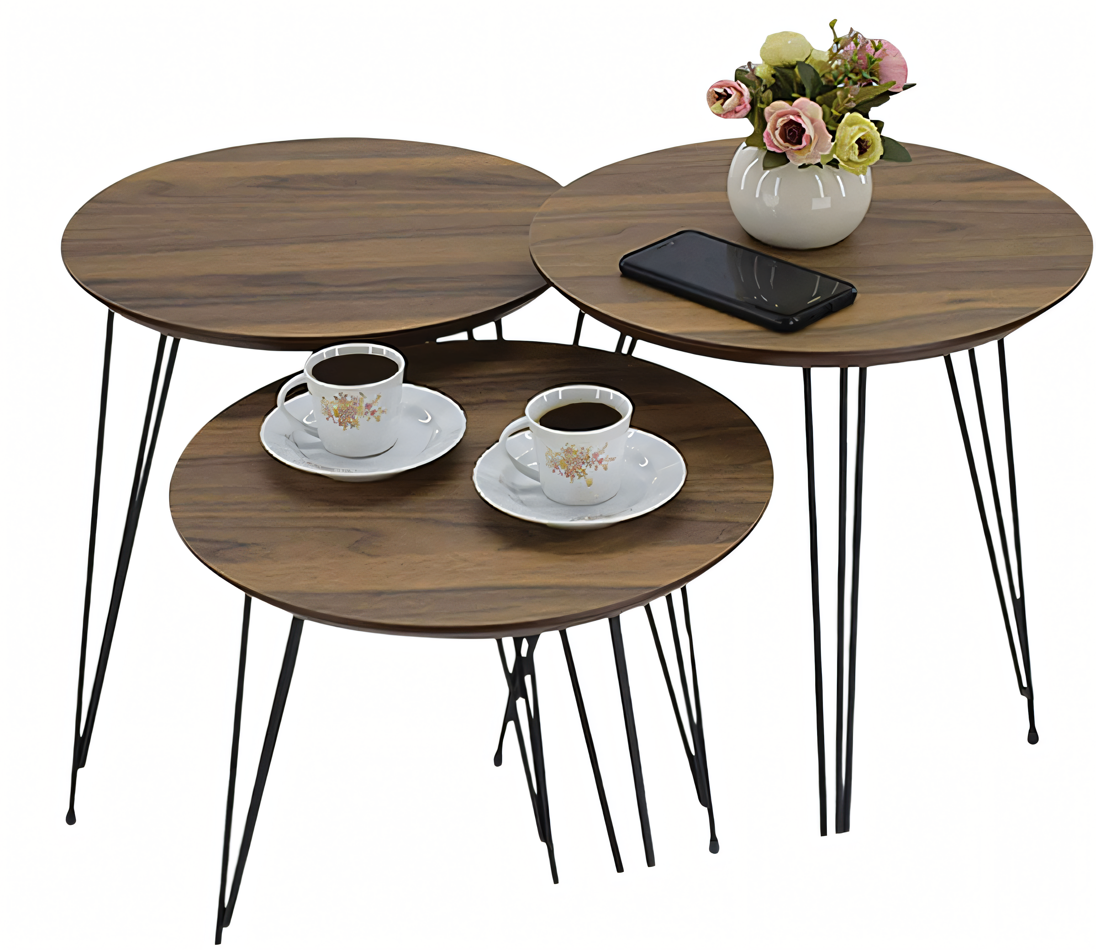 Set von drei runden Beistelltischen mit Holzplatte und schwarzen Metallbeinen