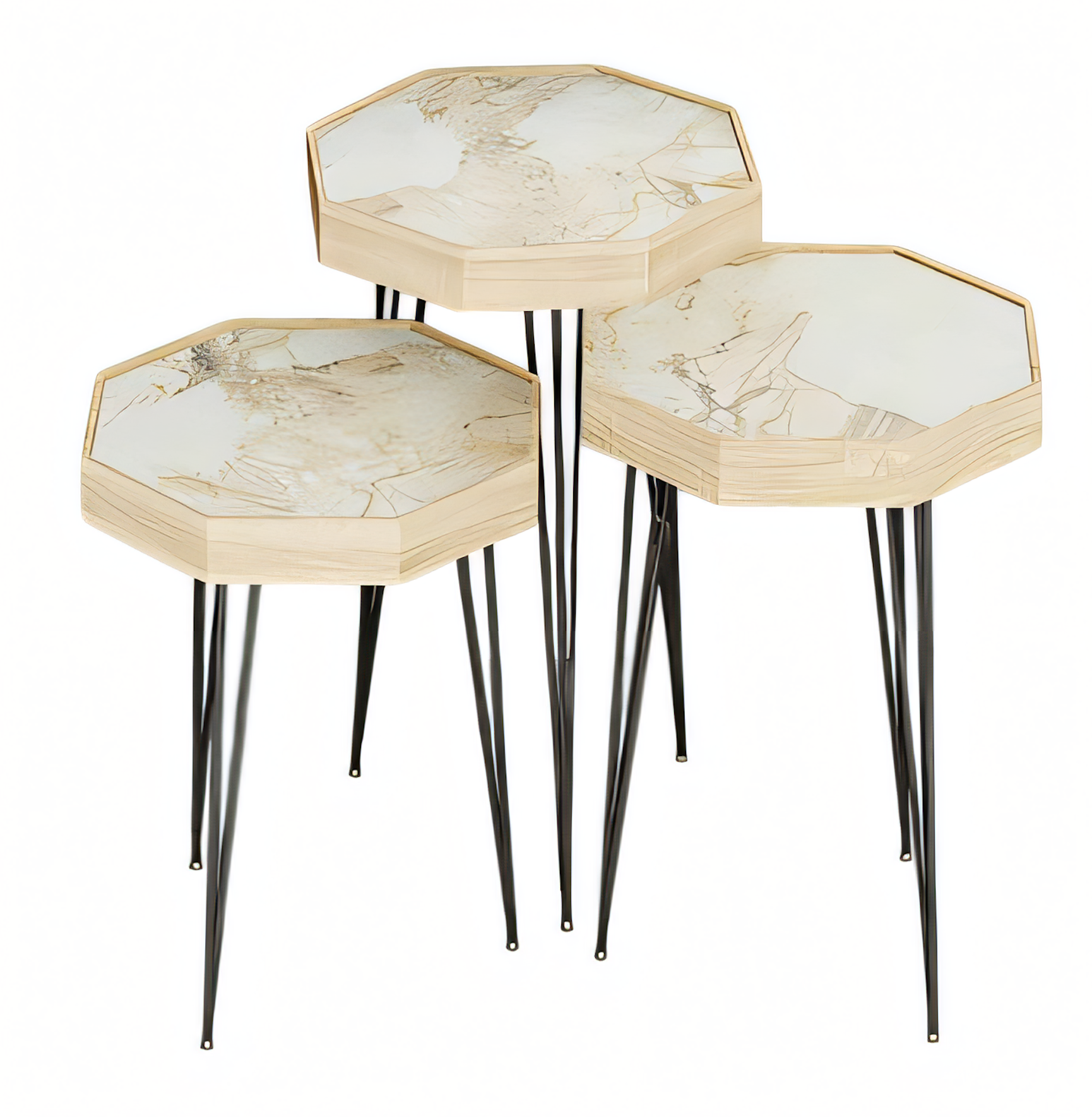 Design Beistelltisch Set Oktagon - Marmoroptik mit Holzrand und schwarzen Metallbeinen
