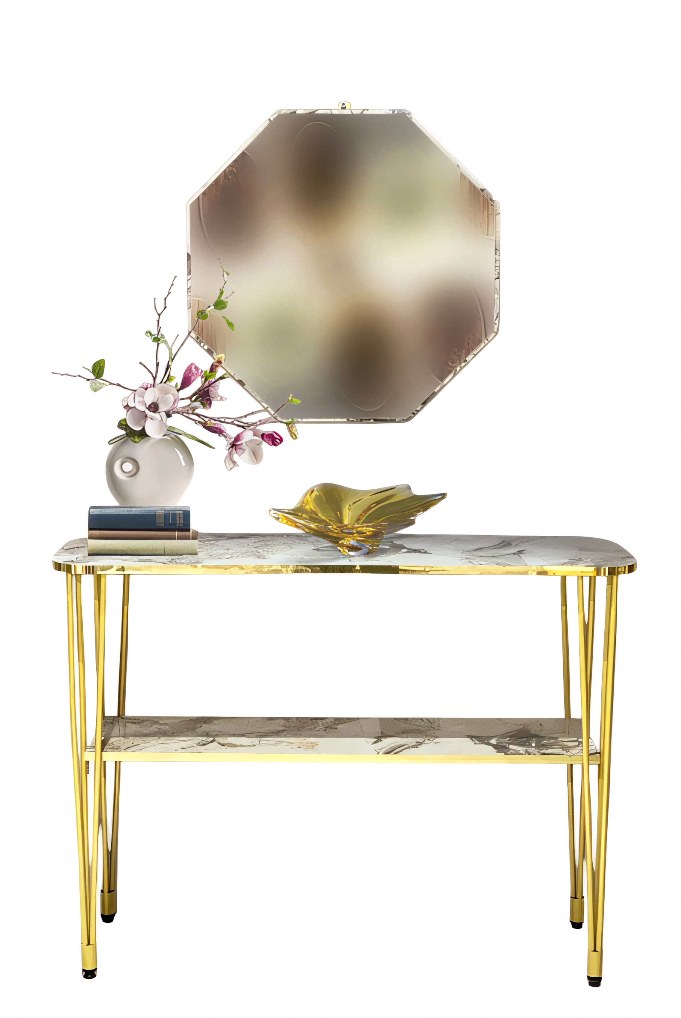 Konsolentisch mit Spiegel aus Edelstahl und Glas in Weiß elegant