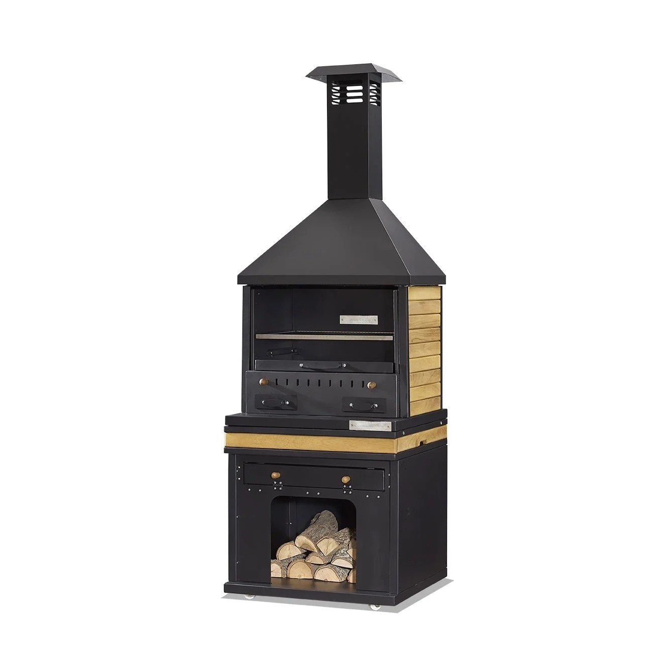 Schwarzer Grillkamin aus Holz und Edelstahl für Garten und Terrasse